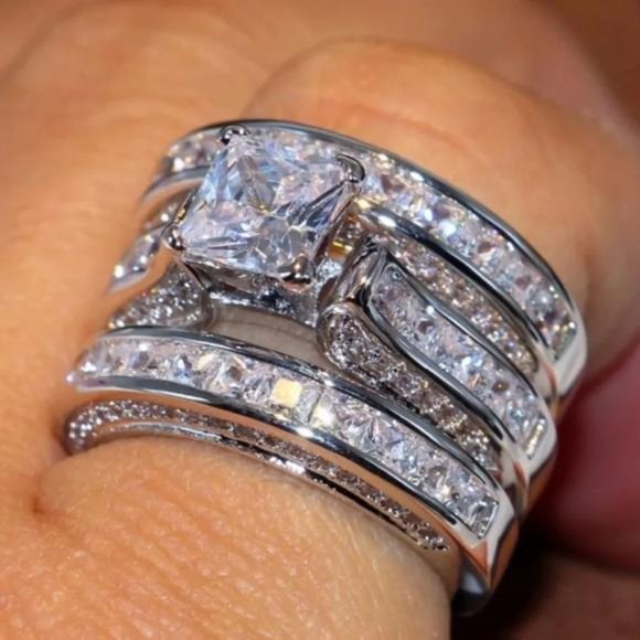 NEW 925 SILVER DIAMOND 3PC ENGAGEMENT RING SET - Picture 2 of 4